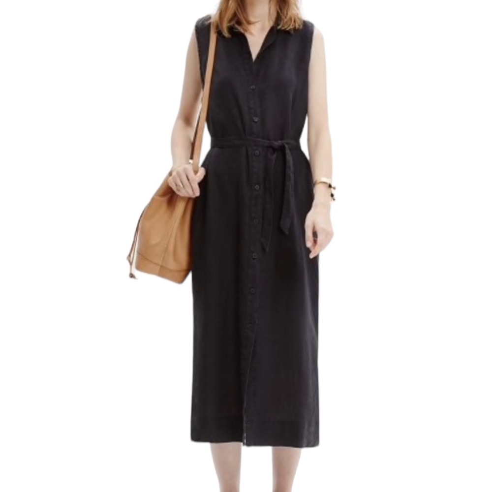 Madewell Linen Belted Sleeveless Maxi Shirtdress in Almost Black